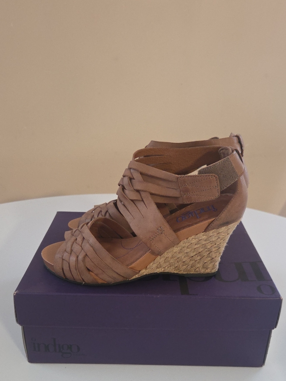 Indigo Tan Woven Espadrille Wedge Sandals with Ankle Strap